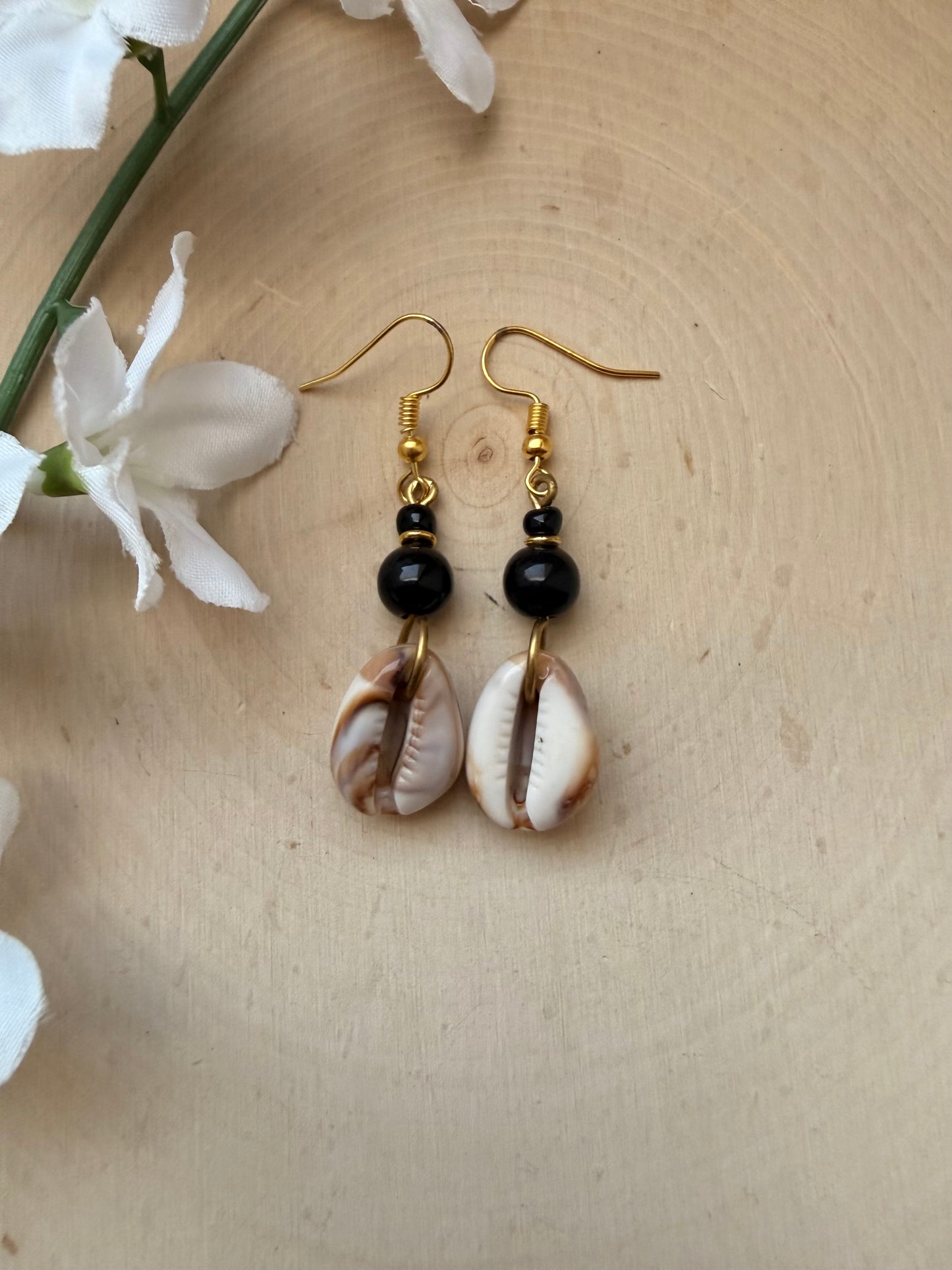 Black beaded cowrie Earrings