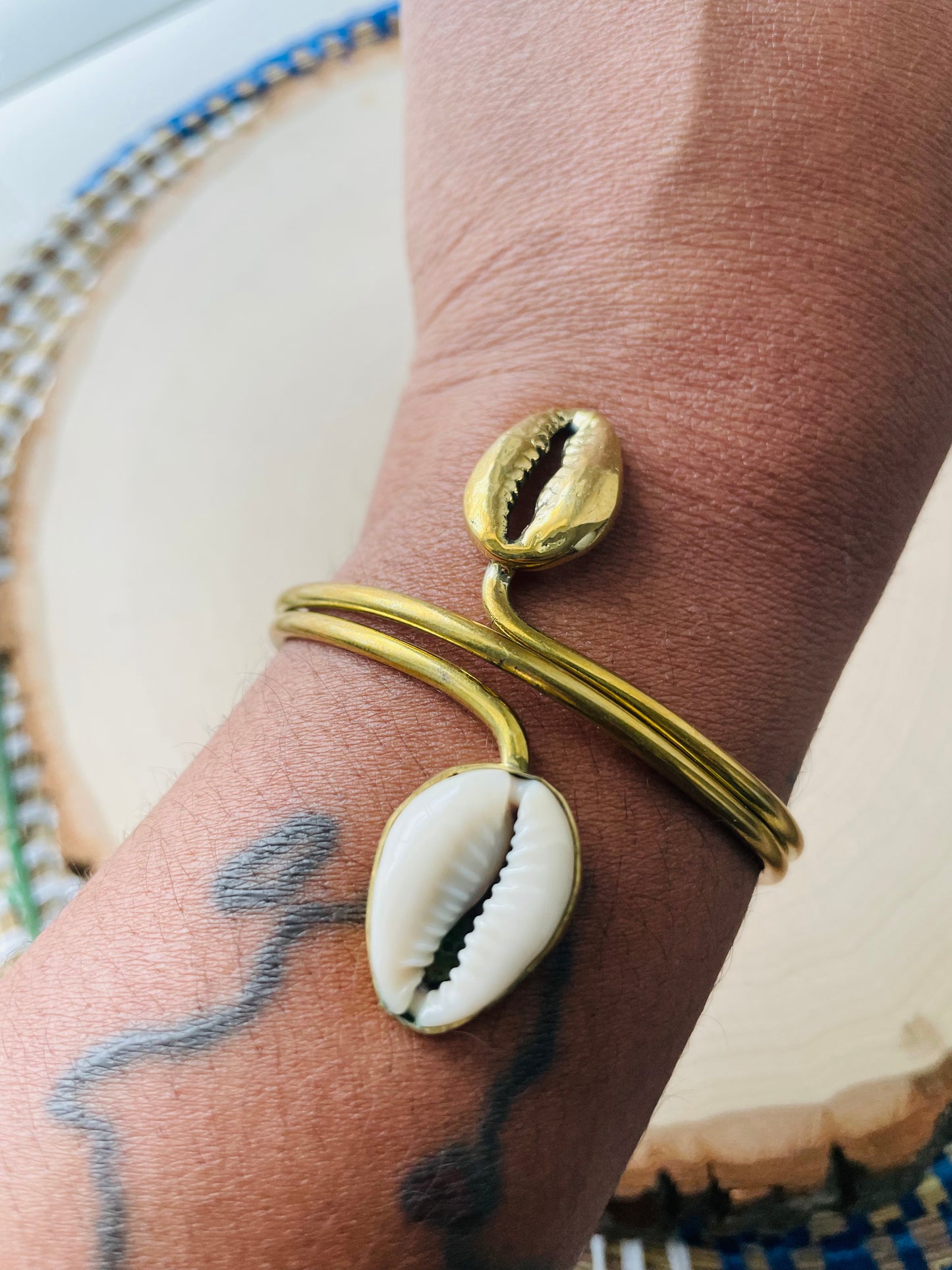Two Toned Double Cowrie Brass 3/4 Bracelet