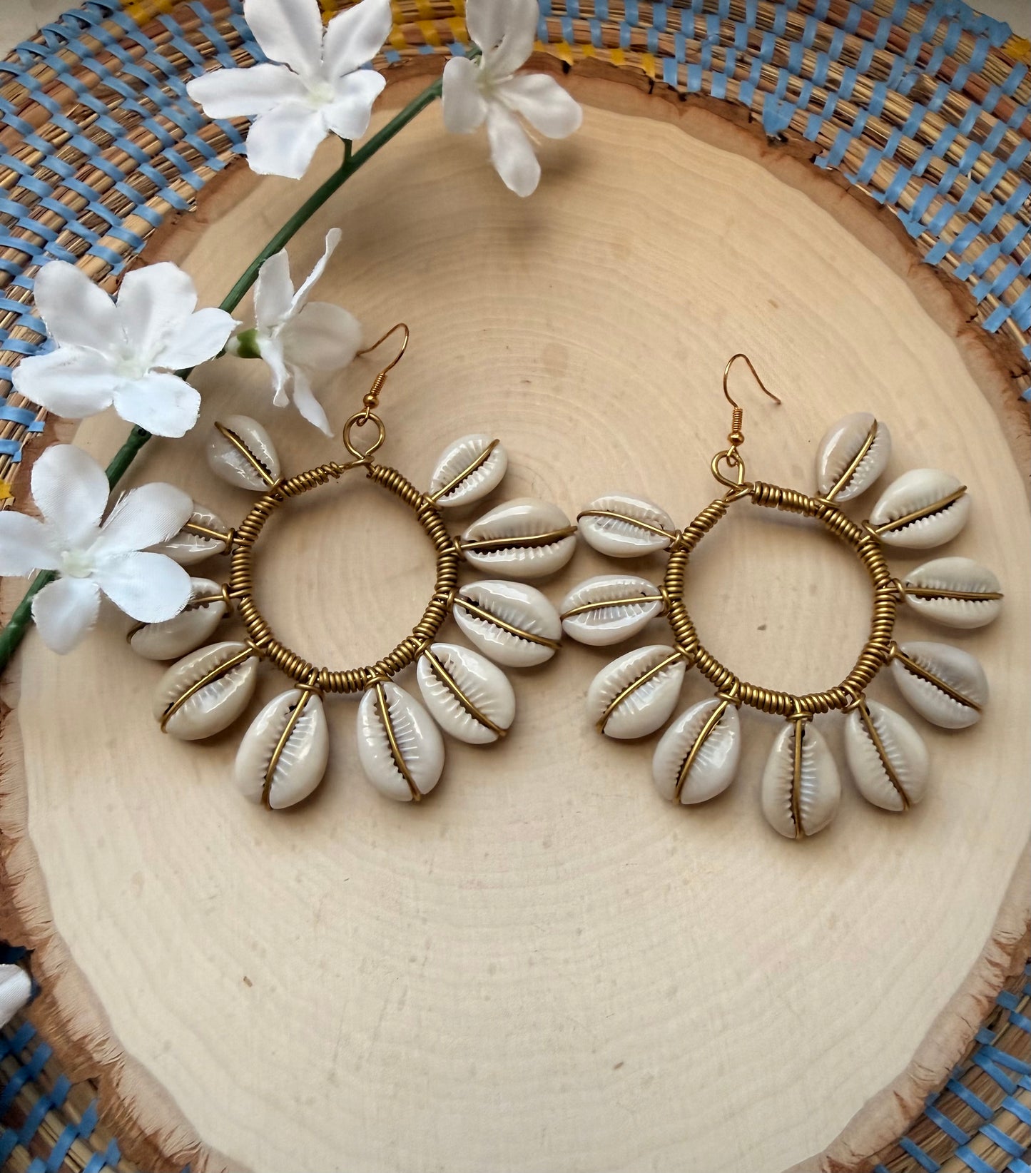 Cowrie Sunflower Brass Earrings