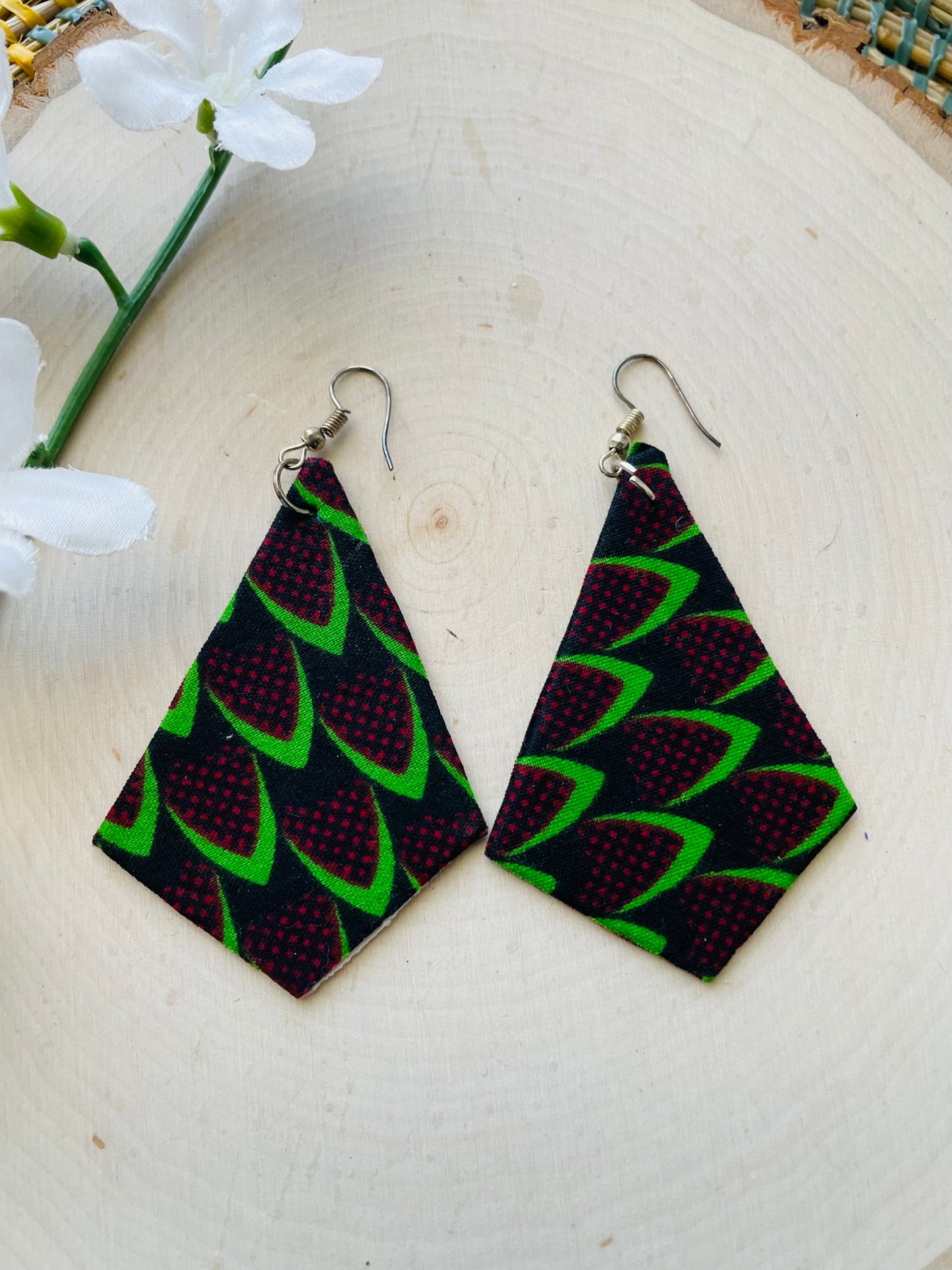 Green burgundy mix Ankara fabric earrings- clearance