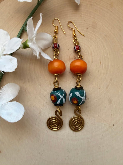 Orange Beaded Brass Earrings