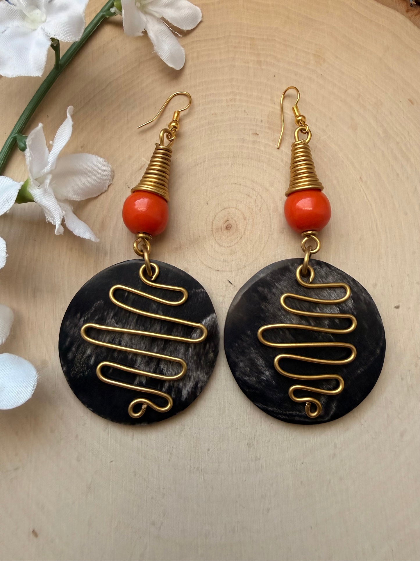 Beaded Orange Moon Brass Earrings