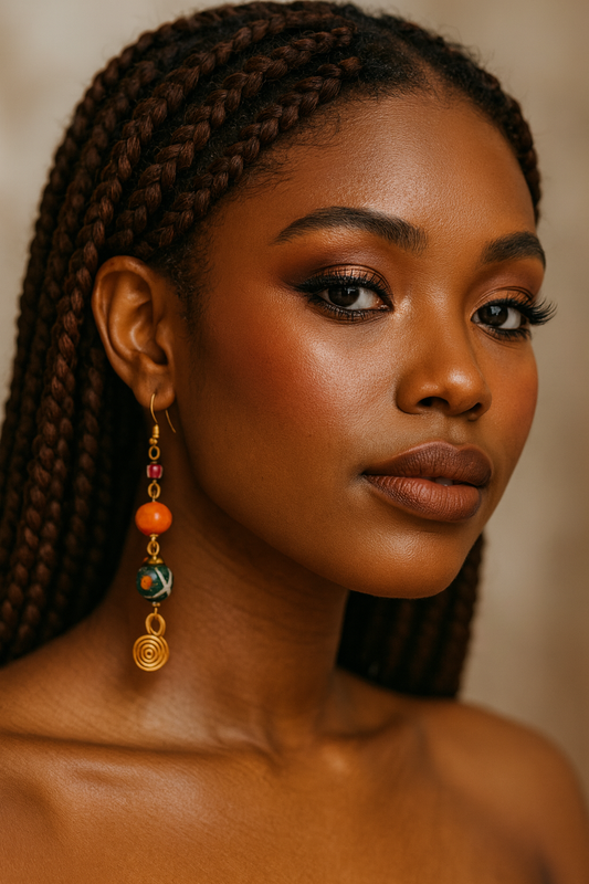Orange Beaded Brass Earrings