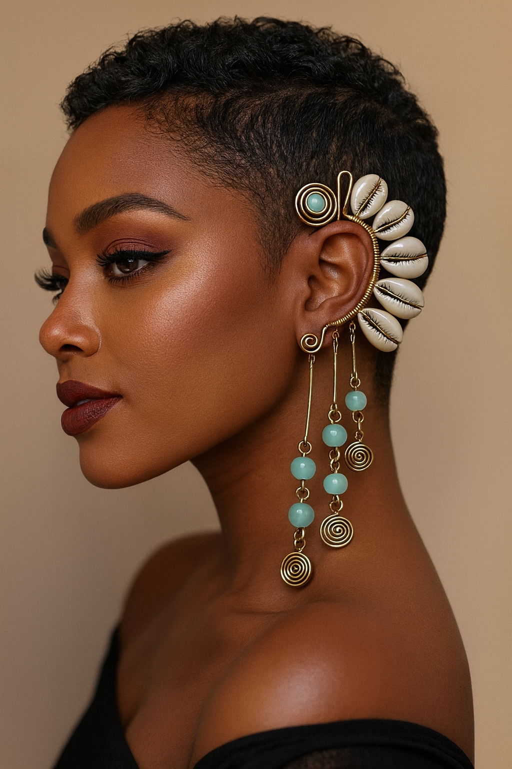 Blue Beaded Cowrie Drop Ear Cuff