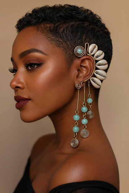 Blue Beaded Cowrie Drop Ear Cuff